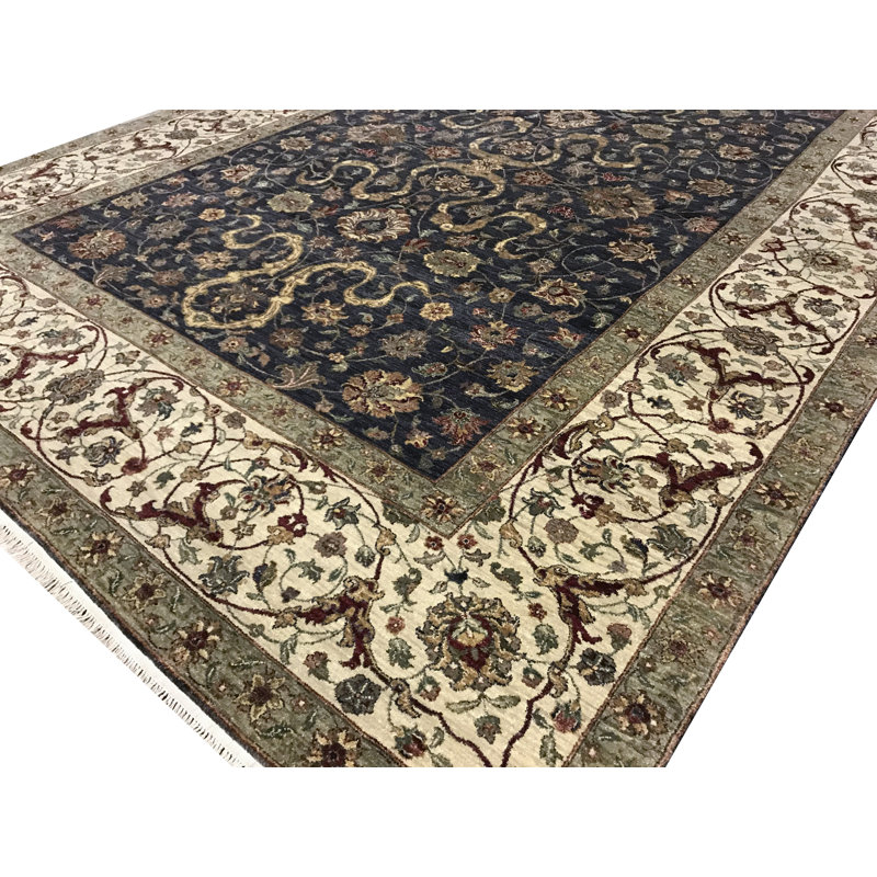 Tapis noir et ivoire de haute qualité noué à la main