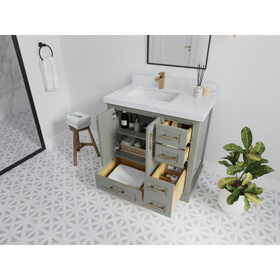Boston 36 In. W X 22 In. D Left Offset Sink Bathroom Vanity In Evergreen With 2 In.