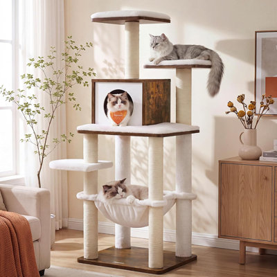 Tour pour chat, peluche ultra-douce à plusieurs niveaux, poteaux à griffer, hamac, coussins amovibles et lavables, brun rustique