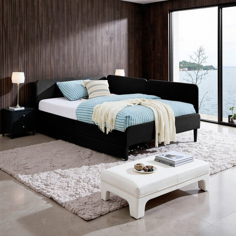 Full Size Upholstered Platform Bed Frame with 2 Storage Drawers, Adjustable Velvet Sofa Bed, Black, Black