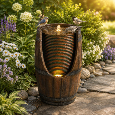 Fontaine de jardin en forme de tonneau d'extérieur avec lumières à DEL Fontaine de jardin en résine avec pompe