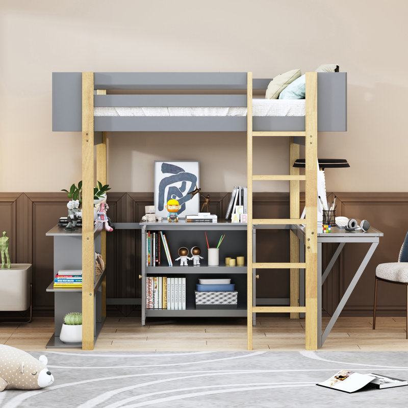 Lit mezzanine en bois avec armoire de rangement intégrée et cubes, bureau pliable, Gris, Lit double