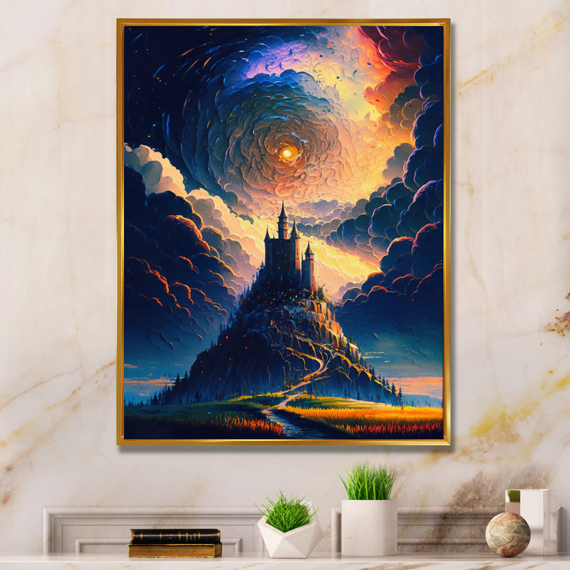 Campeaux bleu mystique fantaisie château I, H 40 po x l 30 po x P 1,5 po, Cadre flottant doré