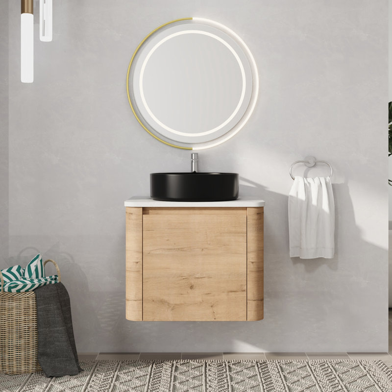 Meuble-lavabo mural simple avec lavabo en céramique, 24", Noir mat