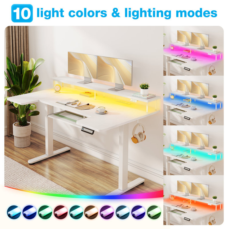 Standing Desk With Large Monitor Shelf,u Shaped Electric Standing Desk With Built-in Power Outlets, Gaming Desk With Led Light, Home Office Desk With Keyboard Tray,writing Desk With Versatile Hook
