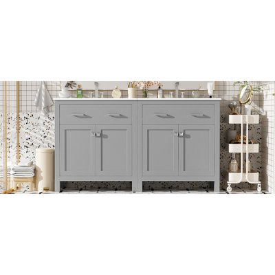 Armoire de salle de bain grise 60 po avec lavabo double, tiroir et rangement réglable