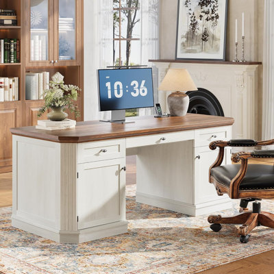 Bureau de direction classique 59 po avec rangement, bureau de direction victorien avec station de charge, plateau à clavier, 3 tiroirs et 2 armoires de rangement et 2 piédestaux, facile à assembler, blanc 