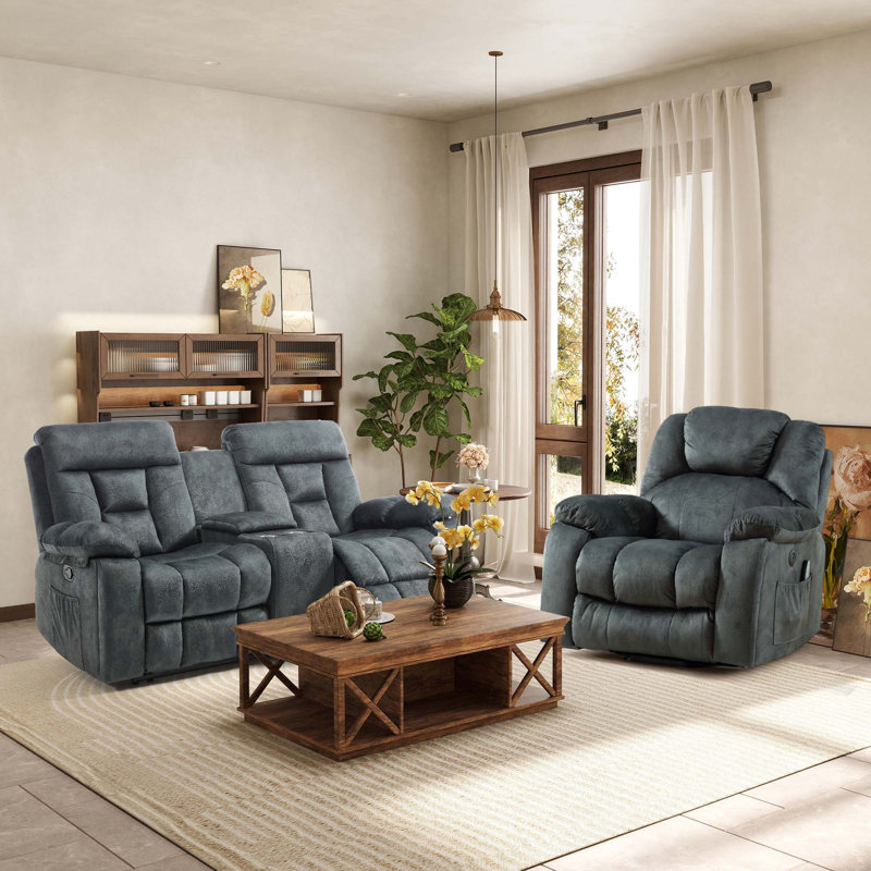 Ensemble de salon inclinable 2 pièces en microfibre moelleuse - fauteuil relevable, causeuse de style théâtre avec console de rangement, chauffage USB et massage