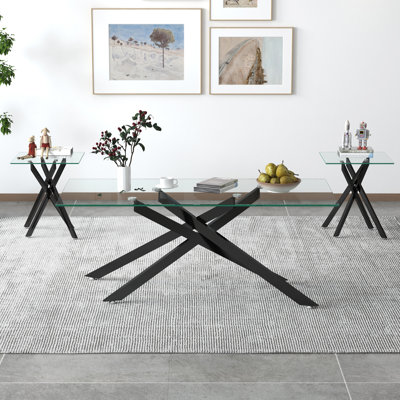 Skyy 3 - Piece Living Room Table Set Including 1 Coffee Table and 2 Matching End Tables with Cross Metal Base & Tempered Glass Top by Mercer41
