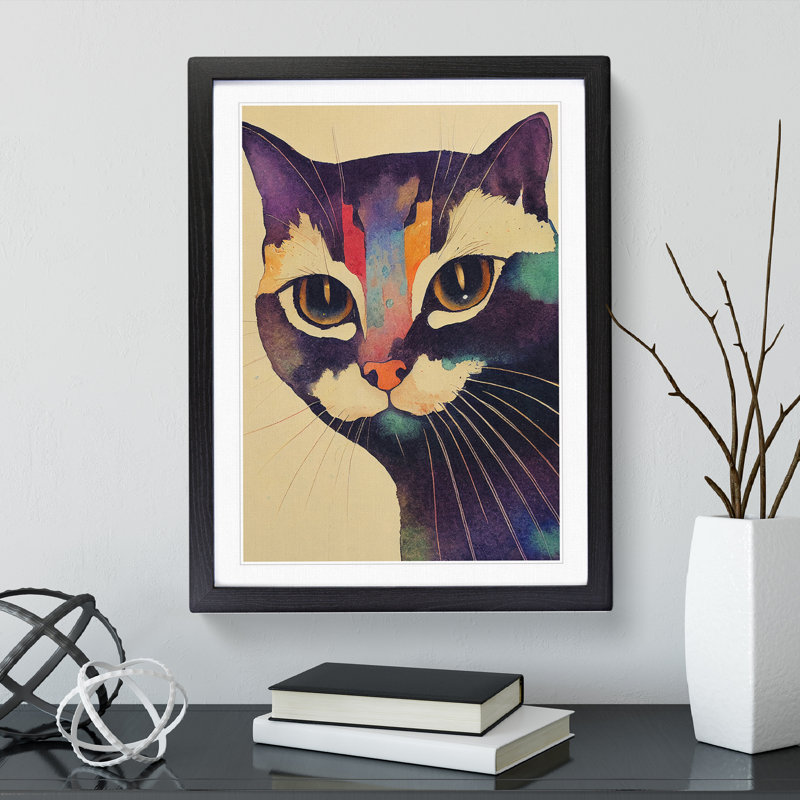 Watercolour Cat No.3 - Single Picture Frame Print, Black Framed, 34cm H x 25cm W x 2cm D