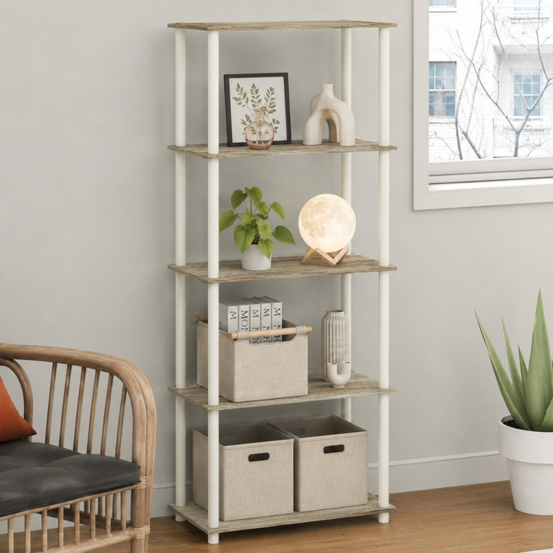 Étagère Turn-N-Tube à 5 niveaux avec présentoir compact et multifonctionnel, 29,5 x 60 x 146 cm, idéale pour le salon, la chambre ou le bureau, couleur chêne Sonoma/blanc.