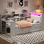 Lit plateforme simple en bois avec rangement spacieux, 2 tiroirs, charge, éclairage à DEL, bureau et tête de lit tapissier doux, blanc beige avec 8 tablettes de rangement, station de charge, DEL réglable-257682235