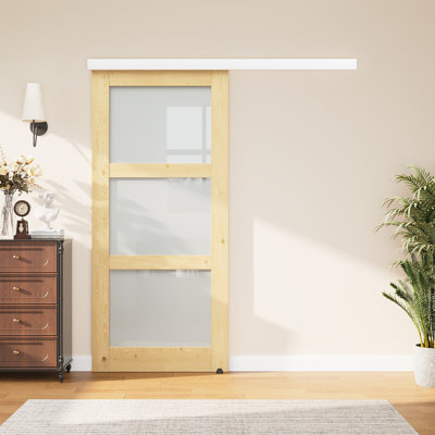 Porte de grange coulissante en verre massif dépoli pré-assemblé avec panneau caché 3 lumières en verre givré avec trousse de quincaillerie d'installation (fermeture en douceur incluse) (fermeture en douceur incluse)
