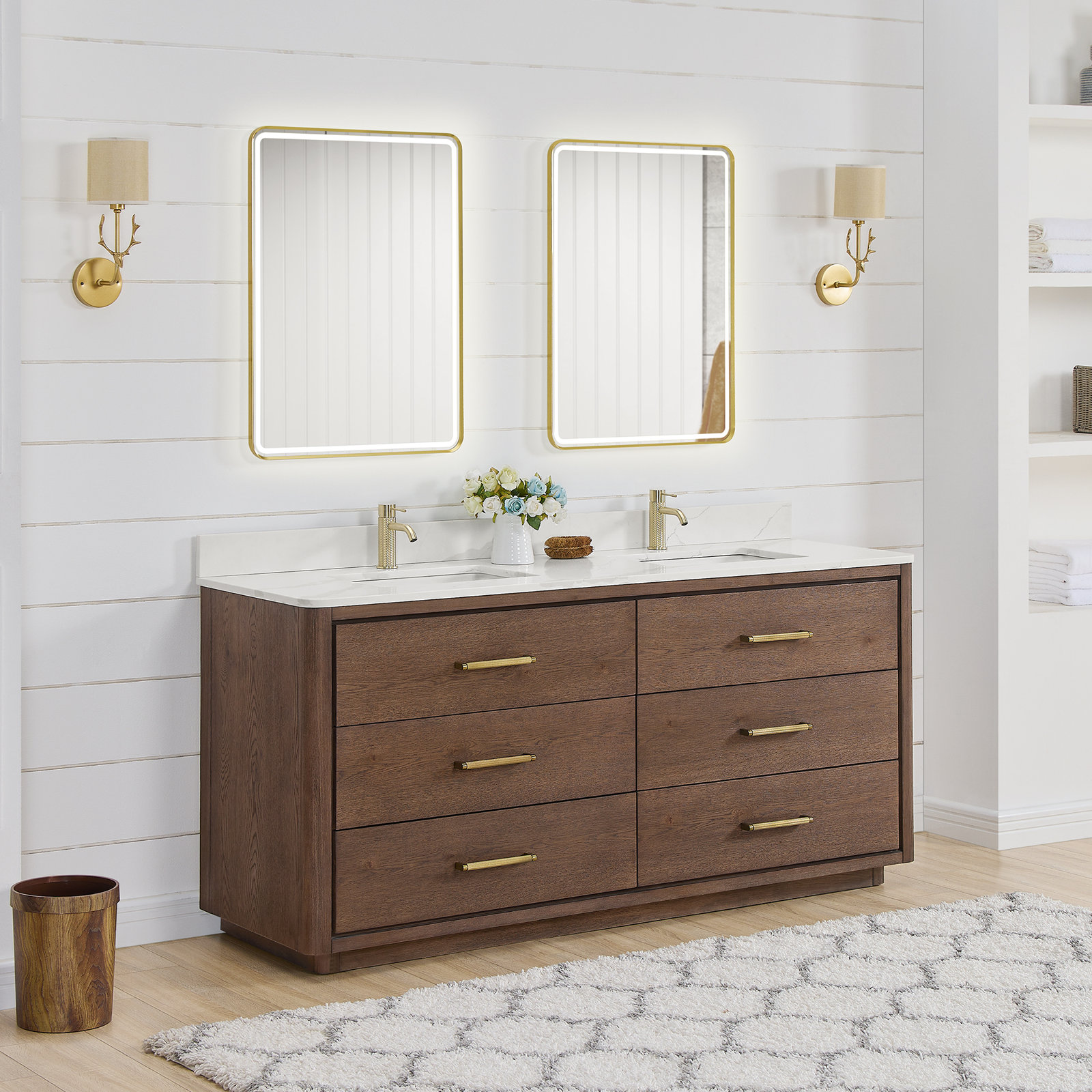 Porto 72'' Double Bathroom Vanity, Dark Brown Oak, Gold