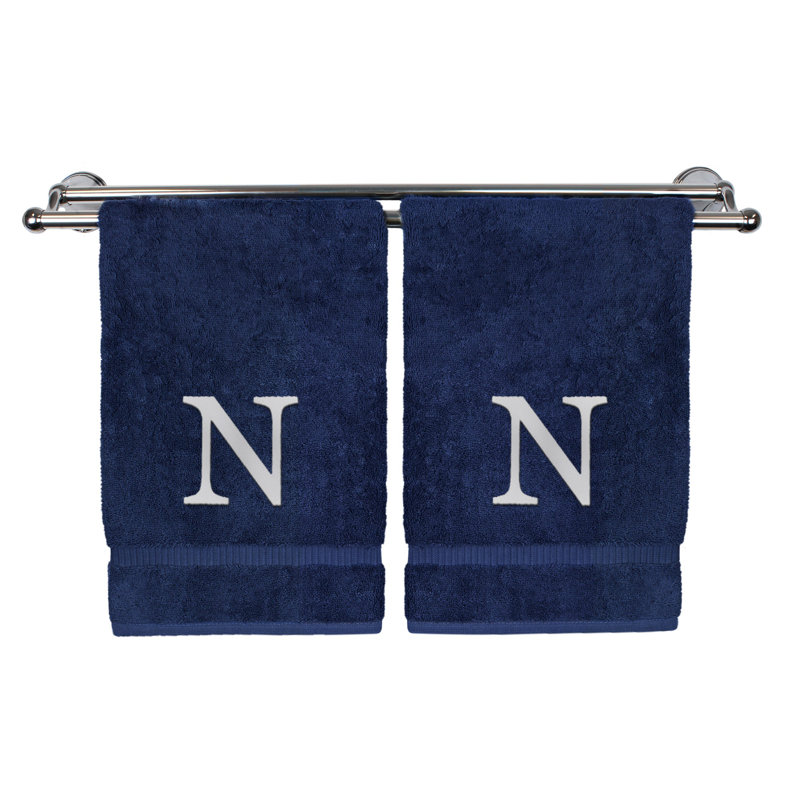 Essuie-mains monogrammés - ensemble de 2 - lettre bloc, Bleu marine/blanc, N