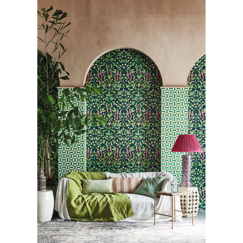 Floral Wallpaper Roll, Rose/Green/Viridian