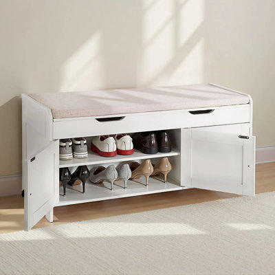 Banc à chaussures, 105 x 35 x 50 cm, avec coffre de rangement relevable et coussin d'assise, supportant jusqu'à 113 kg, 3 placards et étagère réglable en hauteur, pour chambre ou couloir, blanc et noir.