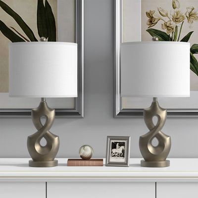 Aliya 24.5 in. Gray Modern Dimmable Resin Bedroom Living Room Bedside Desk Nightstand Table Lamps With USB Port