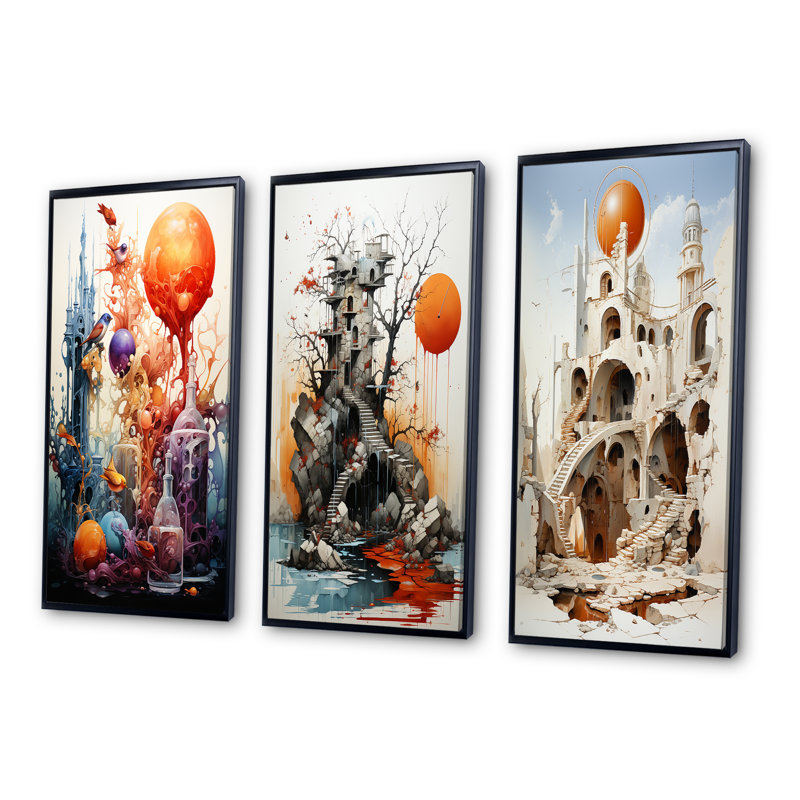 "Surréalisme, réalité quotidienne" - 3 pièces sur toile, Cadre noir, H 40 po x l 20 po
