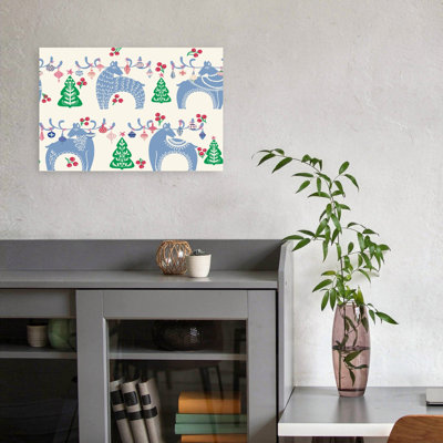 Scandinavian Christmas Reindeer Vintage Whimsical Abstract Deer Winter Landscape Wall Art Print by Annick - Wrapped Canvas Print