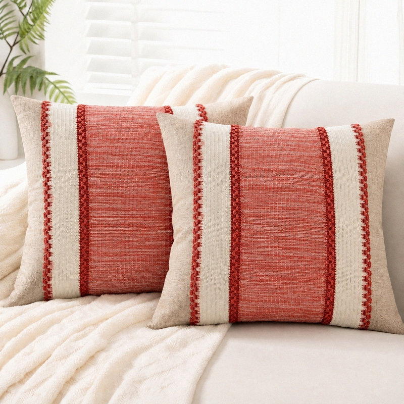 18 x 18 Inch Boho Striped Decorative Throw Pillow Covers, Red Striped