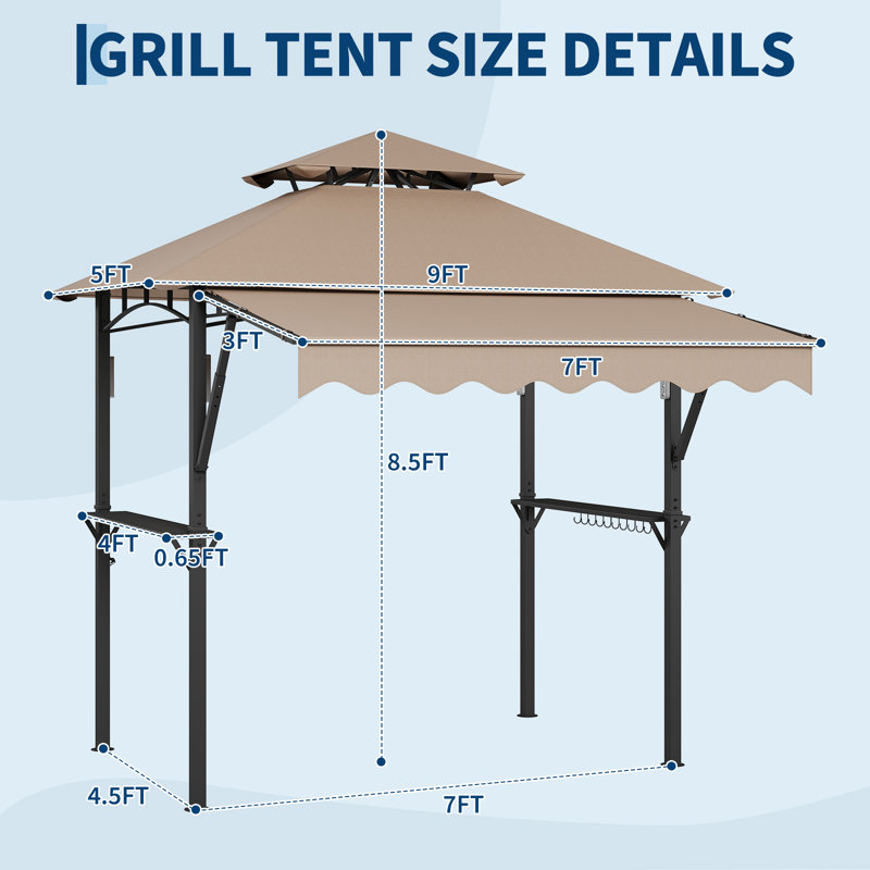 Khaki 8x5 FT Heavy-Duty Steel Grill Gazebo with Double-Tier Roof and 7x3 FT Awning, Weather-Resistant Outdoor BBQ Canopy with Metal Frame, Shelves and LED Lights