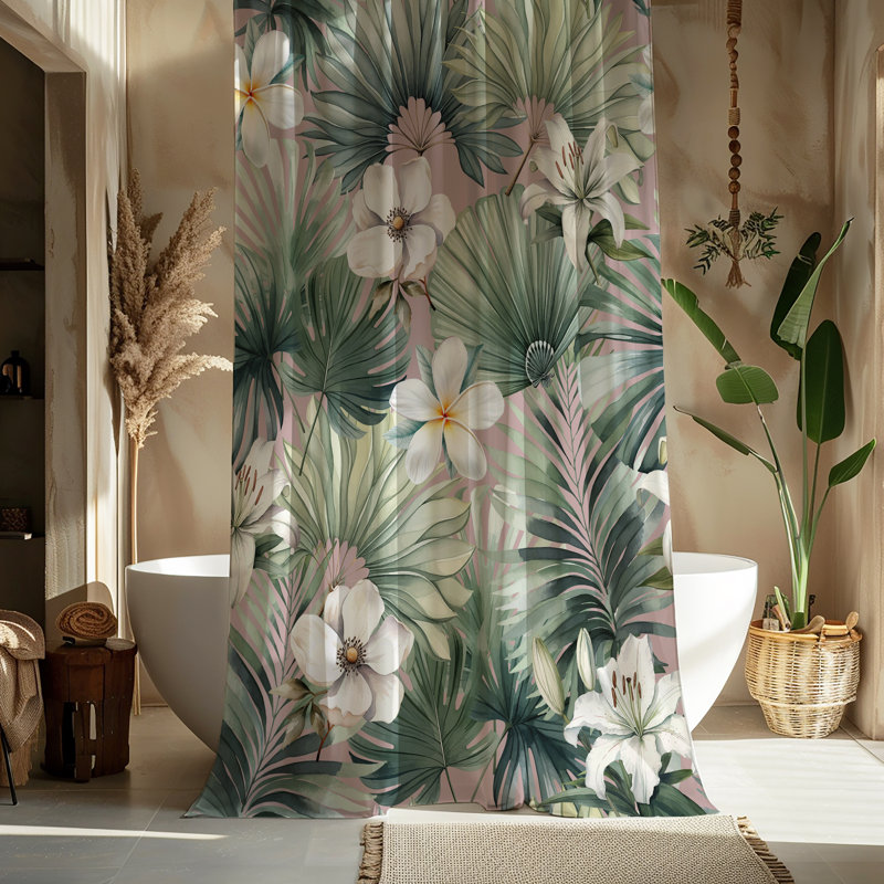 Rideau de douche Plumeria, Blanc / motif floral vert, H 90 po x l 71 po
