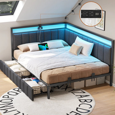 Corner Bed Frame with LED Lights and Charging Station, Cord Cloth Upholstered Bed with 2 Underbed Storage Drawers, Modern Sofa Bed, No Box Spring/No Noise