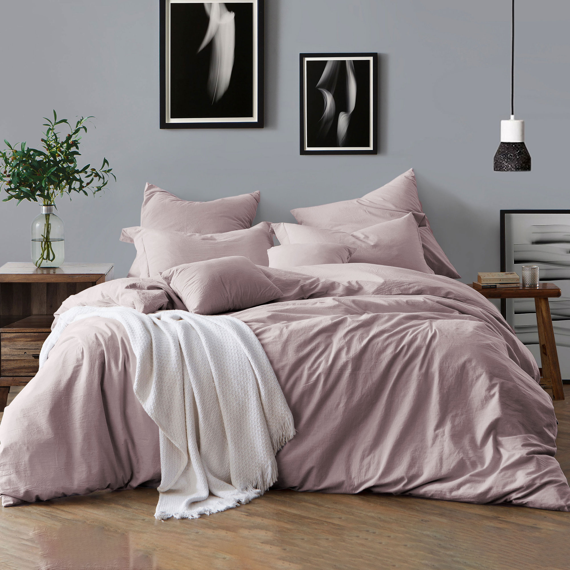 100% Cotton Crinkle Washed Duvet Cover Set, Lavender, King/Cal. King Duvet Cover + 2 Shams