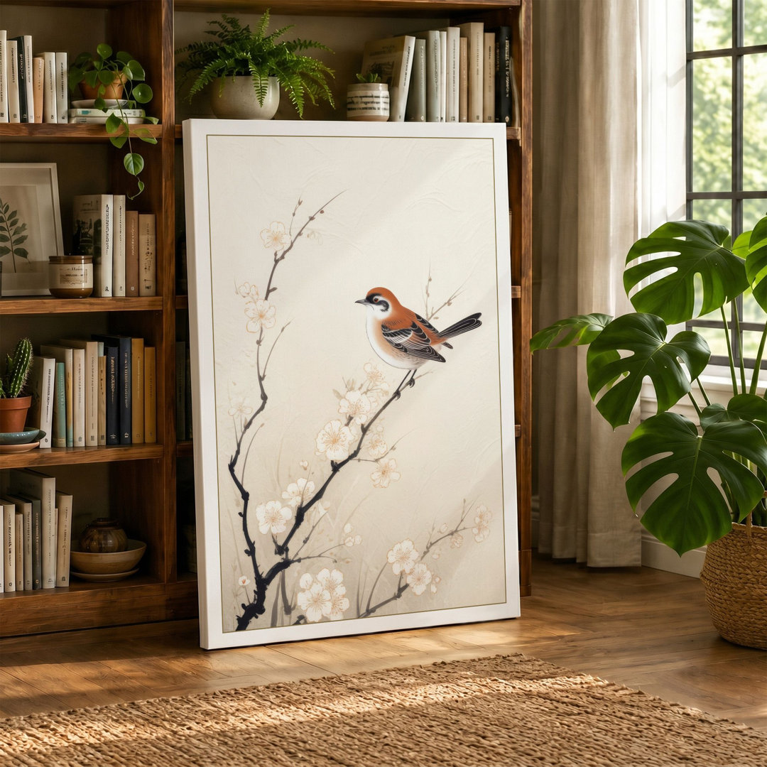 Bird on Blossoming Branch Japandi - Wrapped Canvas