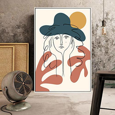 IDÉE4WALL, reproduction d'art sur toile encadrée, visage féminin abstrait avec motifs géométriques, illustrations, art moderne chic, détente / calme ultra pour le salon, la chambre à coucher, le bureau - 24 po x 36 po - blanc