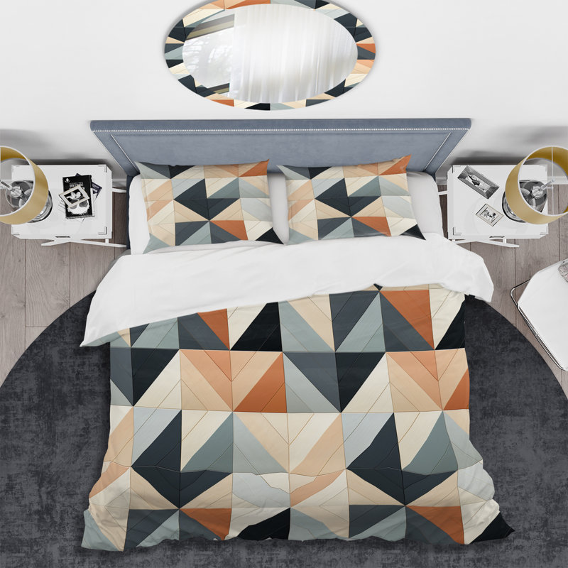 Natural Tones Grey And Beige Mosaic Geometric Shapes Duvet Cover, Queen Duvet Cover + 2 Standard Shams, Geometric Shapes 24