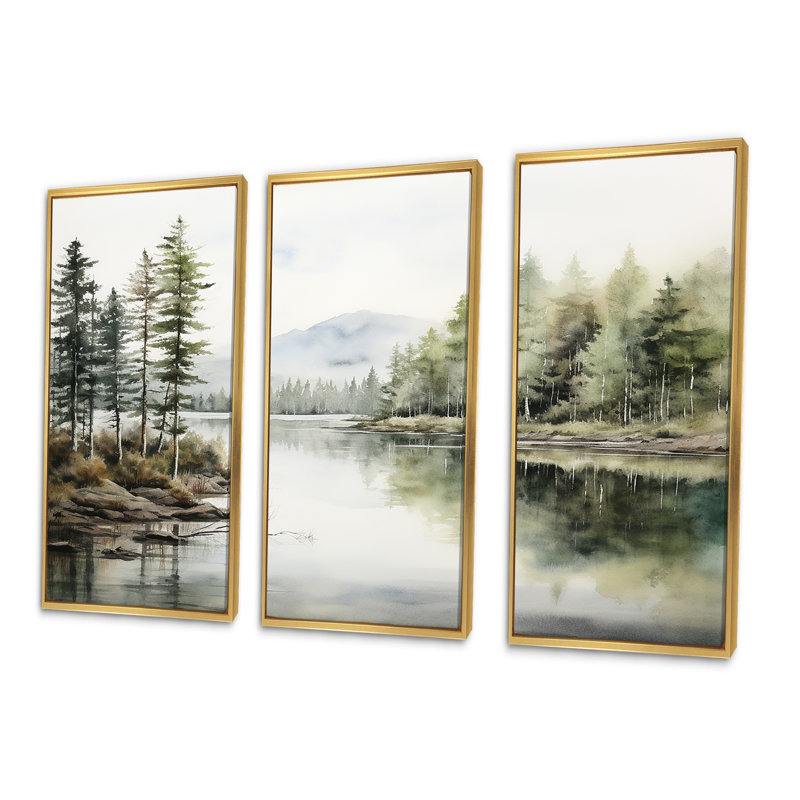 Scandinavian Lake Tranquillity - River Wall Decor Set, Gold Floater Framed, 40" H x 60" W x 1" D