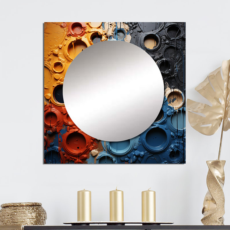 Duwaine - Orange and Blue Fluid Movements Abstract Shapes Square Living Room Wall Mirror Art, 23" x 23"