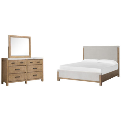Grand lit à panneau tapissier et commode à tiroirs avec miroir de paysage