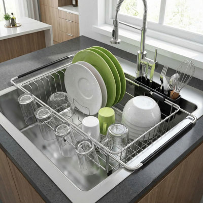 Stainless Steel Over Sink Colander Strainer Basket with Extendable Rubber Handles, Adjustable Sink Drainer for Washing and Draining Vegetables, Fruits and Kitchen Produce, Space-Saving Kitchen Sink Organizer