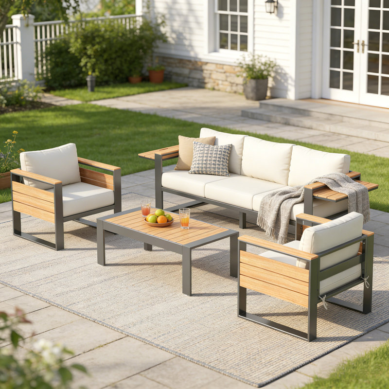 Aluminum Patio Furniture Set, 5-Person Outdoor Sectional Sofa With Coffee Table, Shiny Powder Coated Patio Conversation Sets With 5" Thick Cushion & Wide Armrest For Yard, Deck