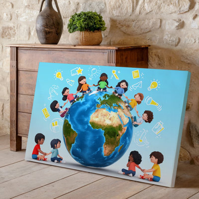 Toile, une illustration vibrante représentant un groupe diversifié d'enfants assis, art mural dans un cercle tenant la main autour d'une grande toile murale détaillée