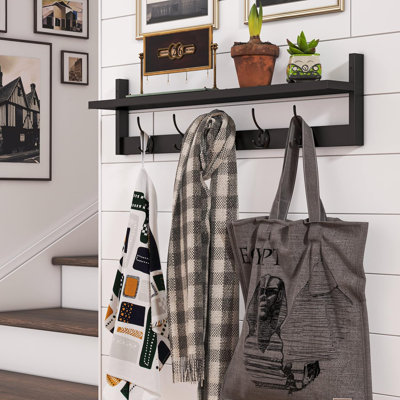 Wall-Mounted Shelf With Hooks - 28.9-Inch Entrance Hanging Shelf With 5 Double Hooks, Suitable For Bathroom, Living Room, Bedroom (Black)