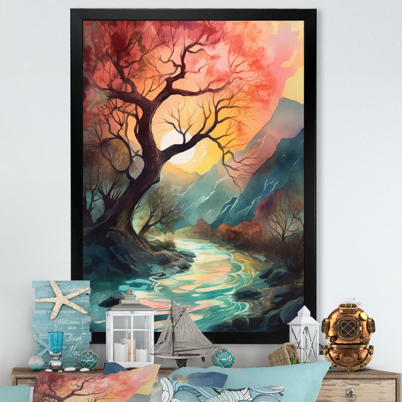 Ryian Sun Down Peaking Through Tree sur impression sur toile, Cadre photo noir, H 20 po x l 12 po x P 1 po