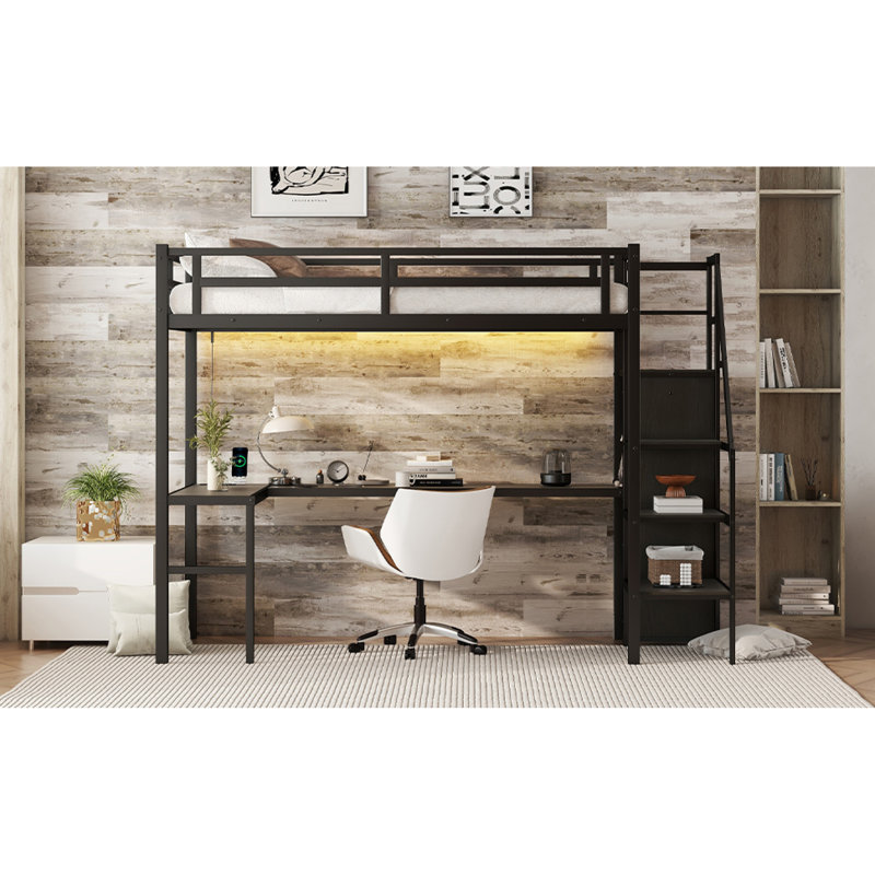 Lit mezzanine en métal avec rangement et bureau, noir moderne, simple TG