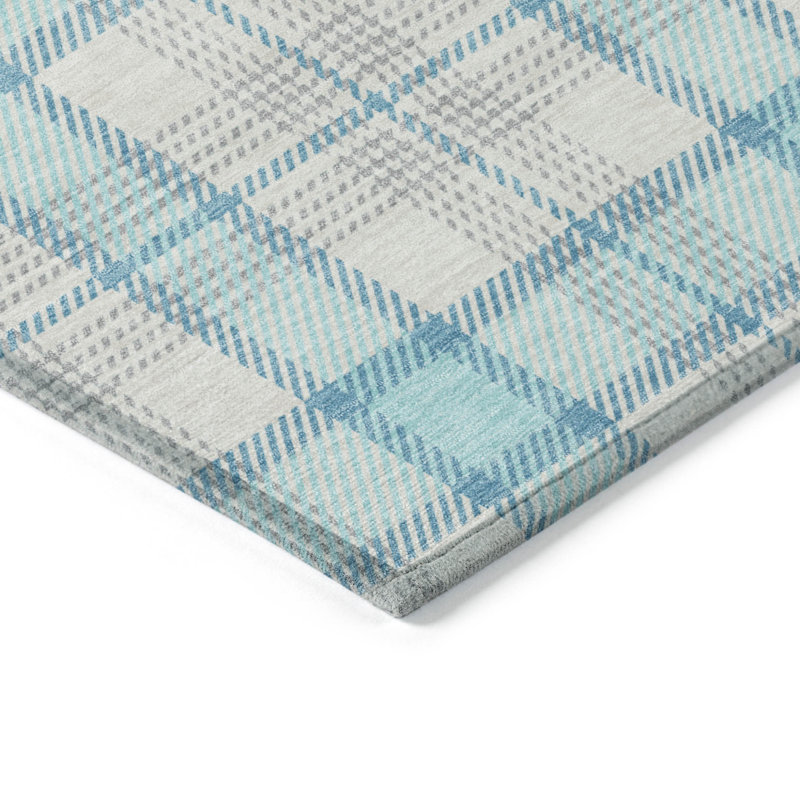3' X 5' Aqua And Gray Plaid Washable Indoor Outdoor Area Rug