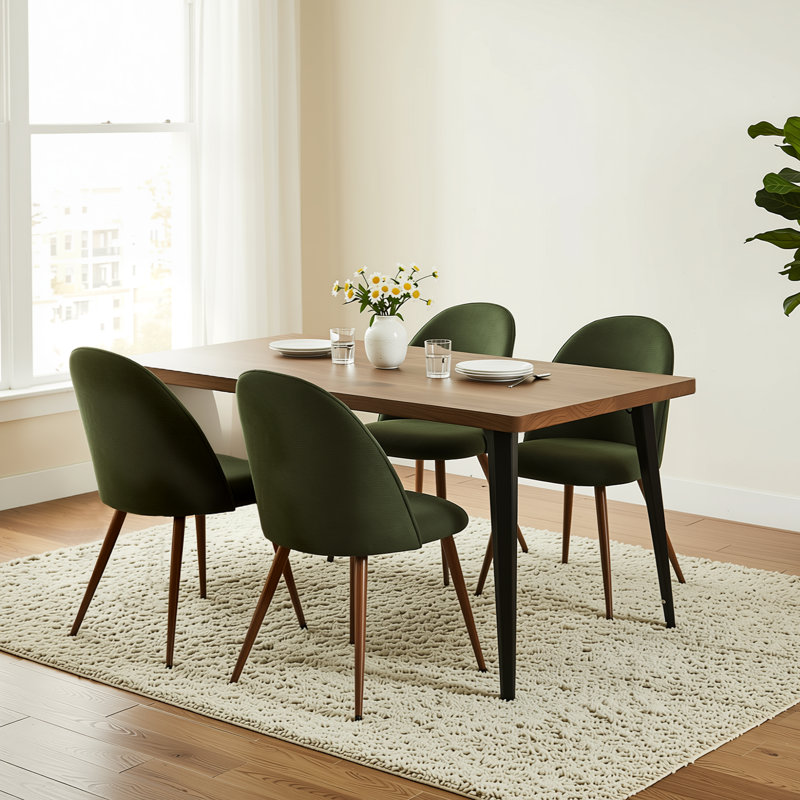 Ensemble de table de salle à manger rectangulaire 63 po avec 4 chaises rembourrées Hozel, Dark Walnut, Olive Green