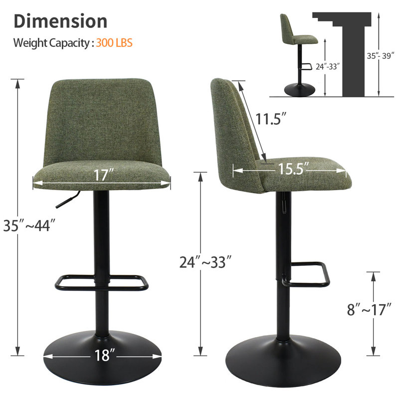 Tabouret de comptoir pivotant rembourré à hauteur réglable (ensemble de 4), Vert