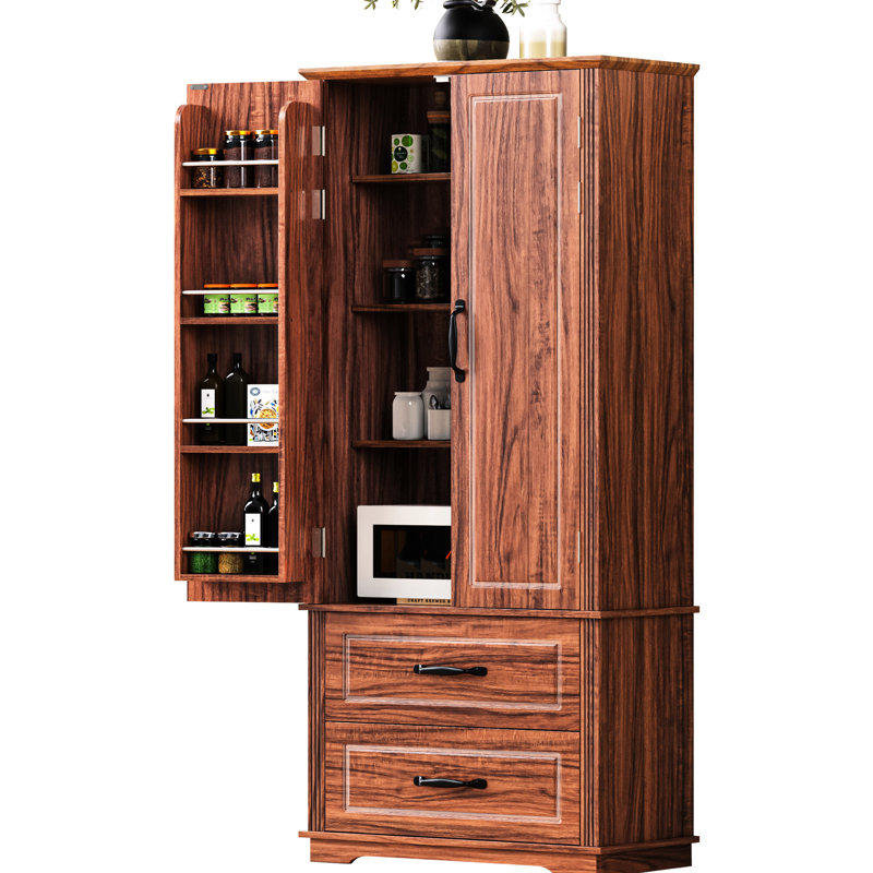 Armoire de cuisine 71 po avec 2 grands tiroirs, 8 tablettes de porte, 3 textures réglables, brun
