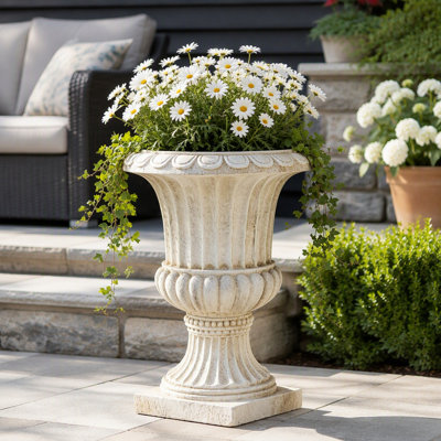 Vintage Fluted Pedestal Urn Planter Resin Faux Stone Flower Pot for Porch Patio Courtyard