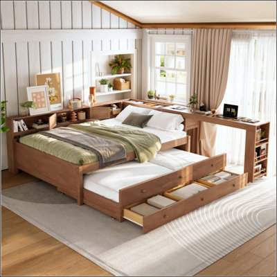 Lit de jour en bois en forme de L avec lit gigogne, bureau intégré et tablettes de rangement, lit de jour moderne et multifonctionnel pour chambre ou studio
