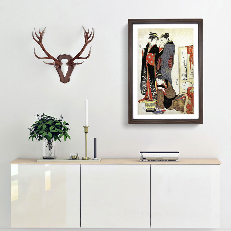 Three Women with a Child by Torii Kiyonaga - Picture Frame Painting Print, Walnut Framed, 65cm H x 48cm W x 2cm D