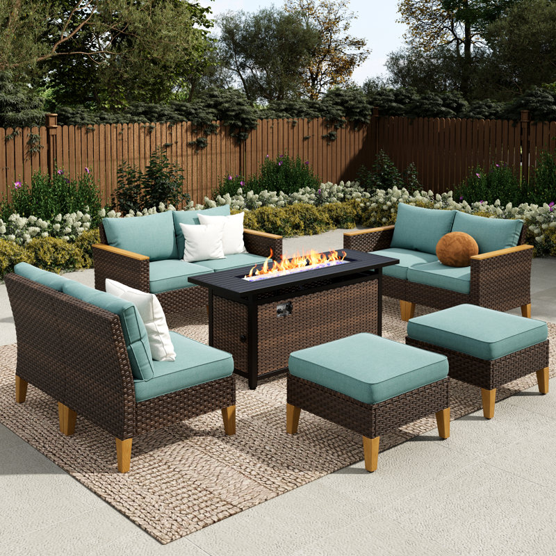 Salem 8-Piece Wicker Outdoor Patio Conversation Furniture Sectional Set with Fire Pit Table, Yes, Blue