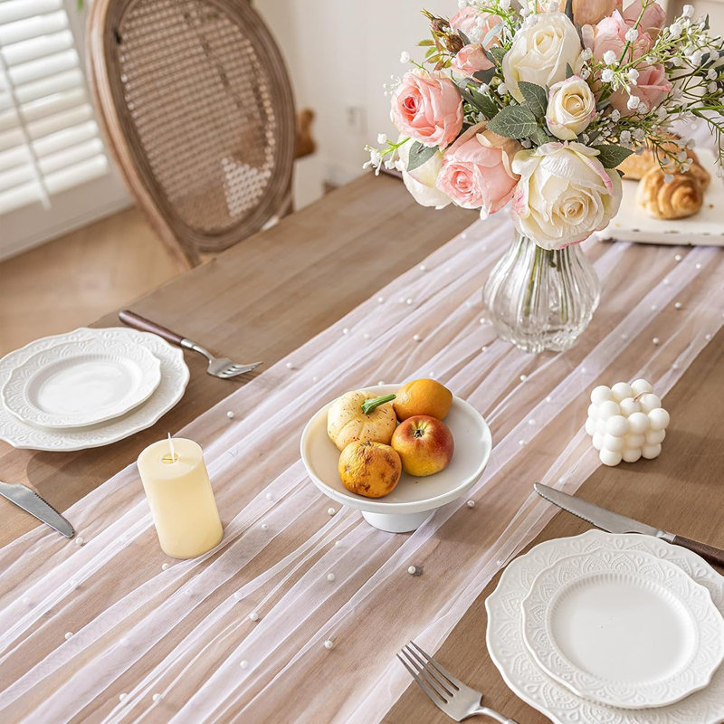 Chemin de table en perle blanc perle - Blanc - Rustique / Boho, mariage, fête, fête de naissance, 138" L x 96" W, Blanc